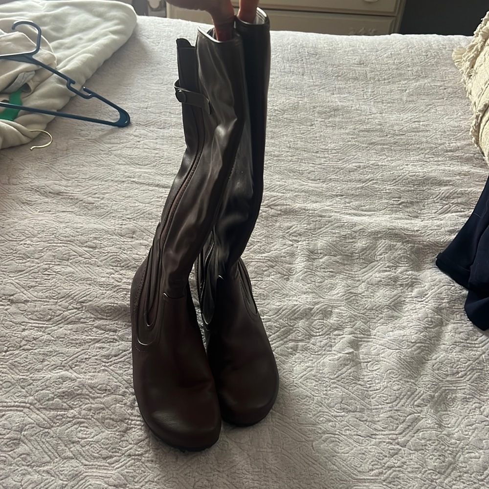 Brown leather knee high boots